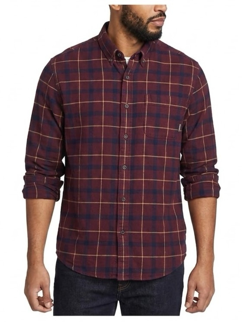 Eddie Bauer Classic Fit Plaid Flannel Burgundy & Blue, SZ Large Tall